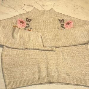 Cloud Chaser Cream Sweater with Pink Floral Embroidery size XL